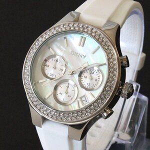 DNKY Women's Chronograph Crystal Bezel Mother Of Pearl Dial Silicone Strap 38mm